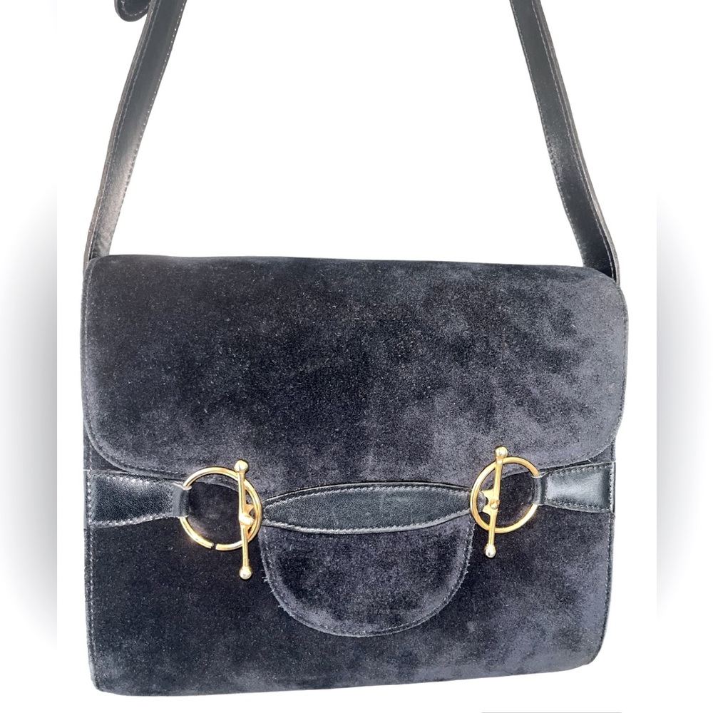 Vintage Gucci horse-bit shoulder bag all suede and leather in navy blue auth.